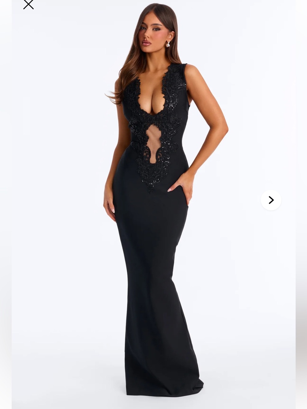 Fashion Nova Black Lace-Appliqué Plunge Cutout Mermaid Gown